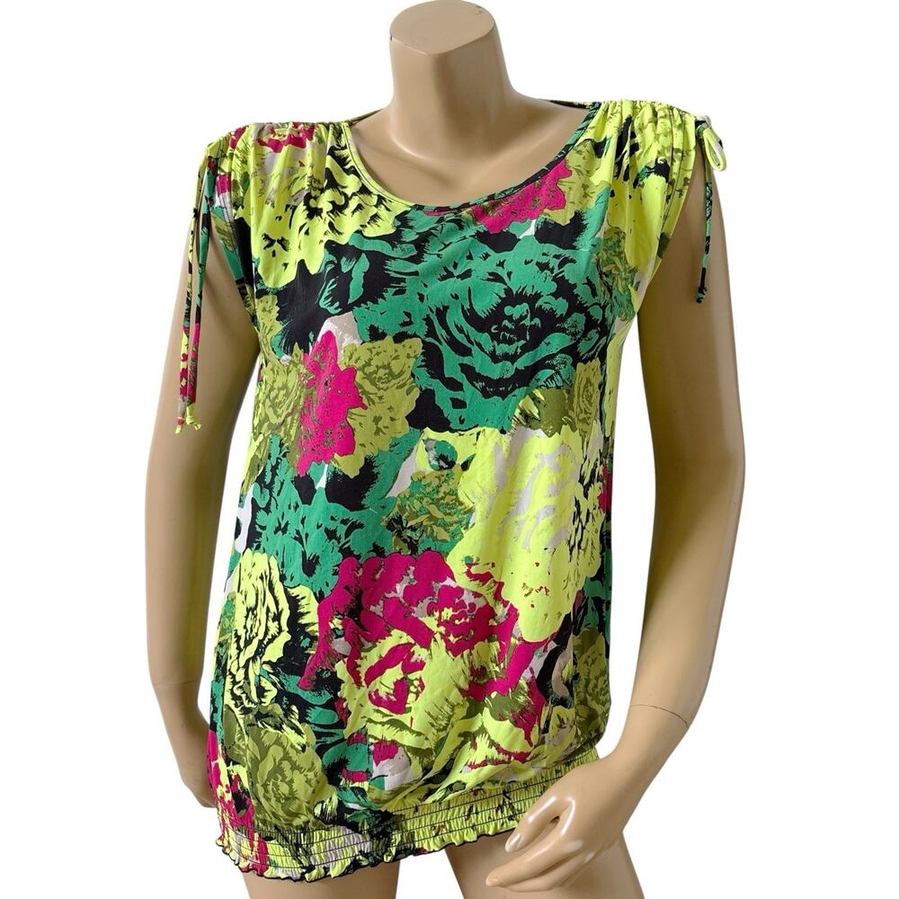 Madison Womens Medium Floral Blouson Top Yellow Green Pink Ruched Tie Sleeve